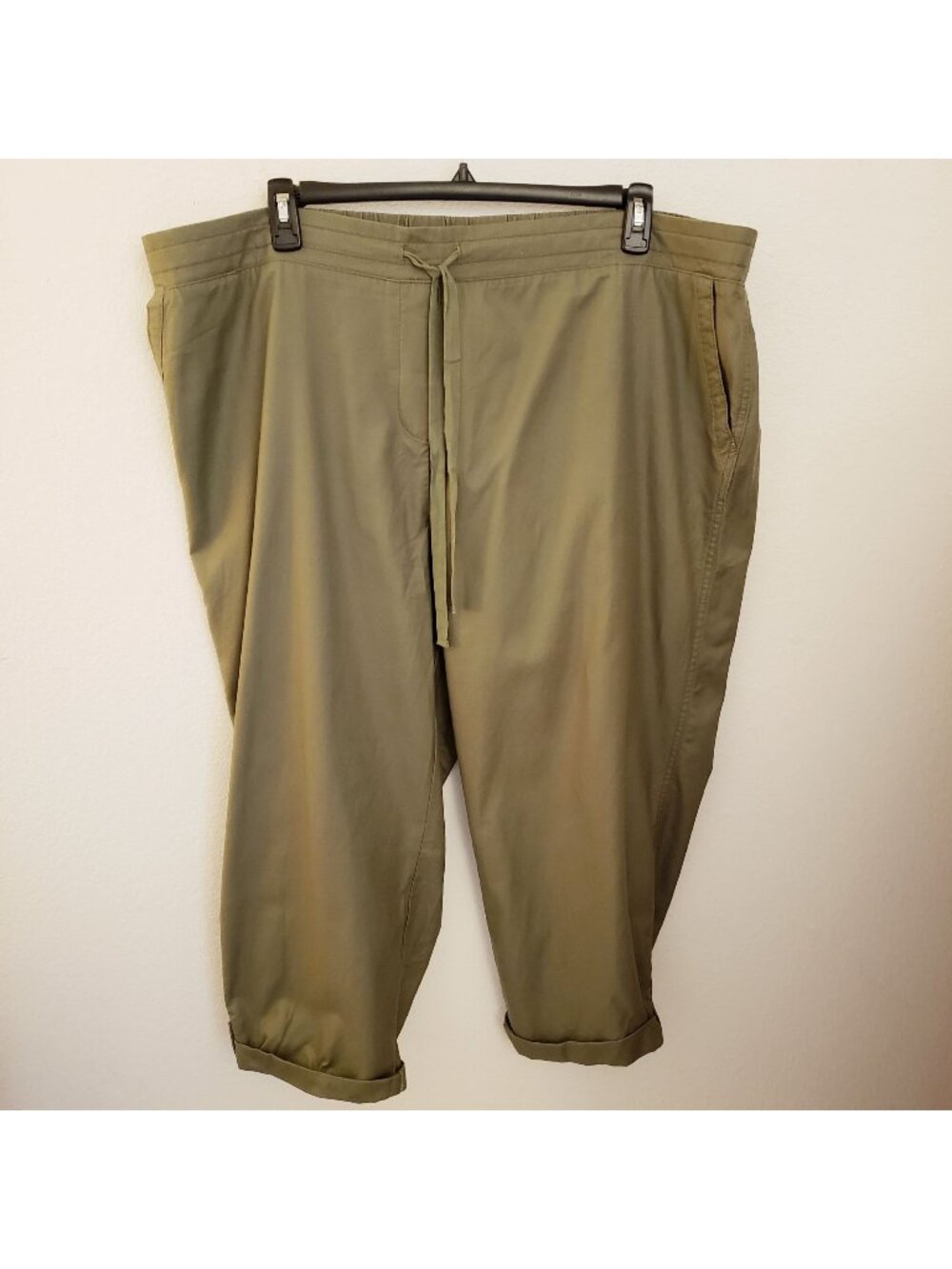 Talbots Cropped Olive Green Ankle Tab Pants Drawstring Waist Pockets Sz 24W NWT